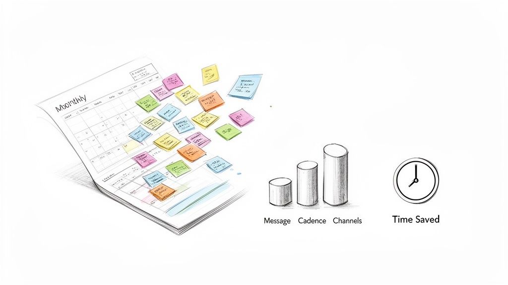 A monthly calendar filled with colorful sticky notes, alongside bar charts for message, cadence, channels, and a clock icon indicating time saved.