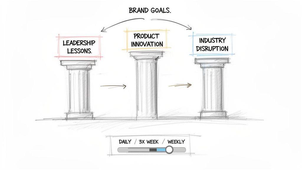 Diagram illustrating brand goals supported by leadership, product innovation, and industry disruption pillars, with a weekly slider.