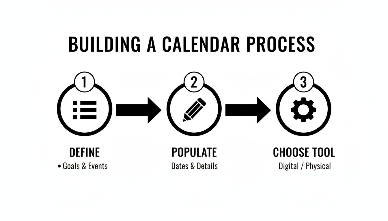 A three-step flowchart shows building a calendar process: Define goals, Populate details, Choose tool.