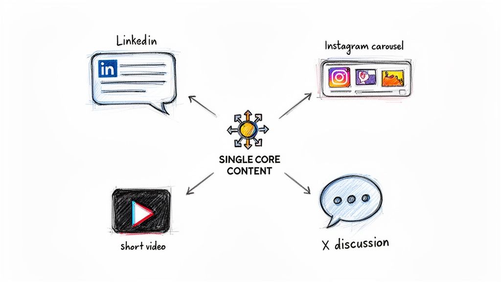 Infographic illustrating content repurposing: one core piece adapted for LinkedIn, Instagram, video, and X.