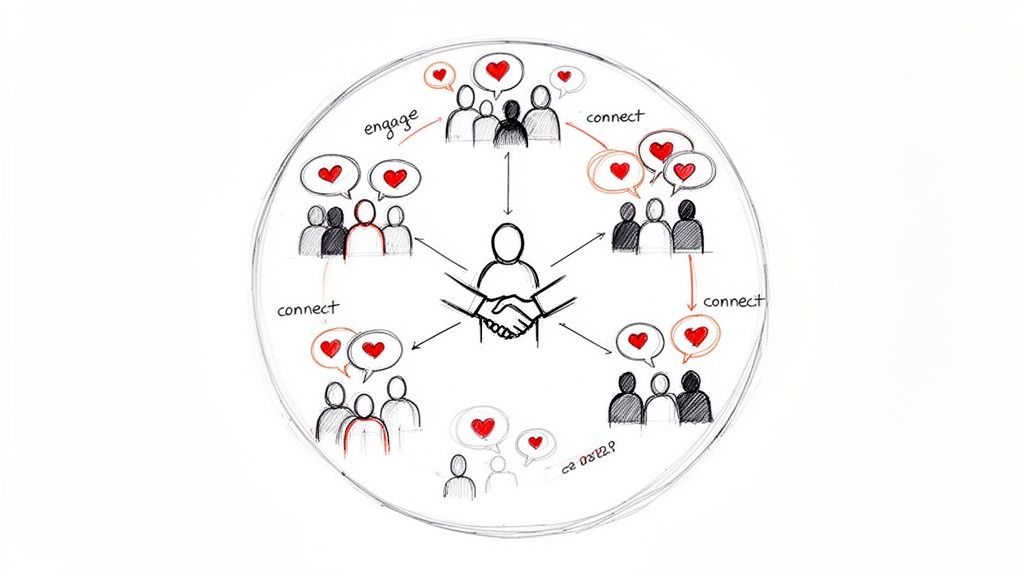 Diagram showing a central person engaging and connecting with surrounding groups of people, symbolized by hearts.