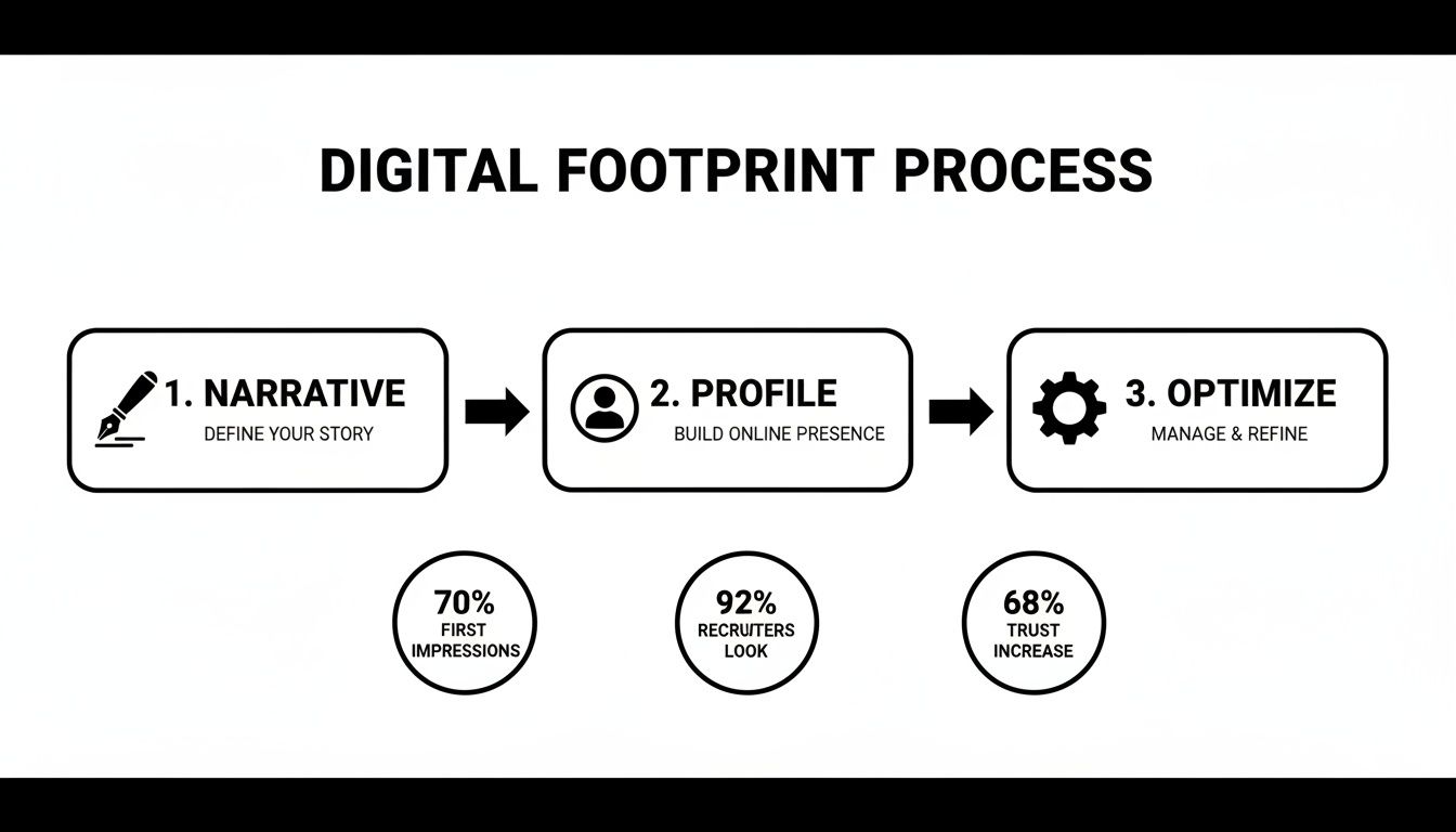 Digital footprint process flowchart with steps to define narrative, build profile, optimize, and related impact statistics.