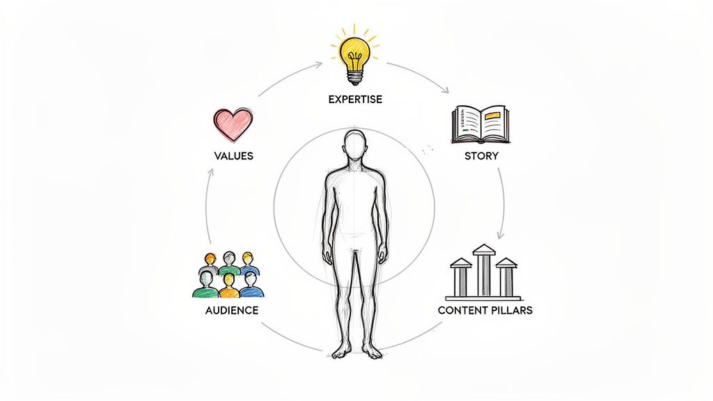 Diagram illustrating elements of a personal brand, including expertise, story, content, audience, and values.