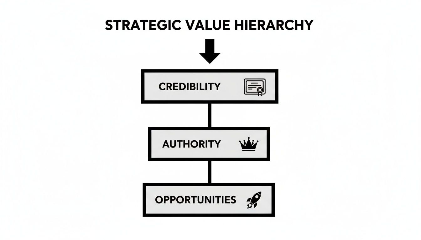 Strategic Value Hierarchy diagram showing Credibility leading to Authority, which leads to Opportunities.