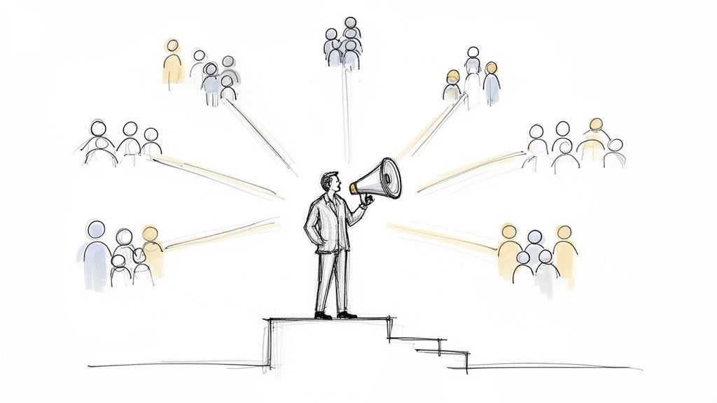 A leader on a podium uses a megaphone to communicate with multiple diverse groups, symbolizing thought leadership and influence.
