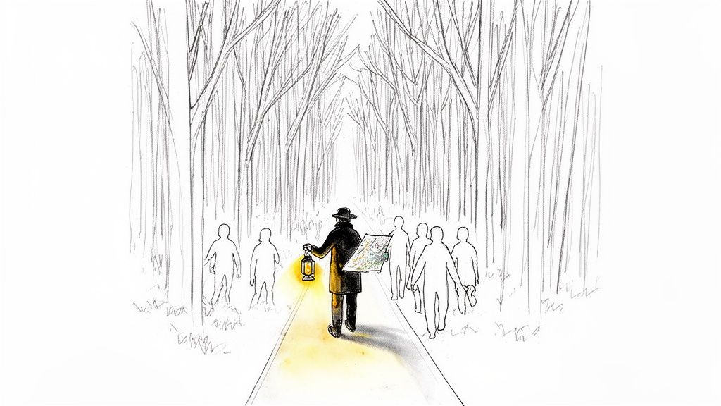 A leader with a glowing lantern and map guides a group through a dark, bare forest path.