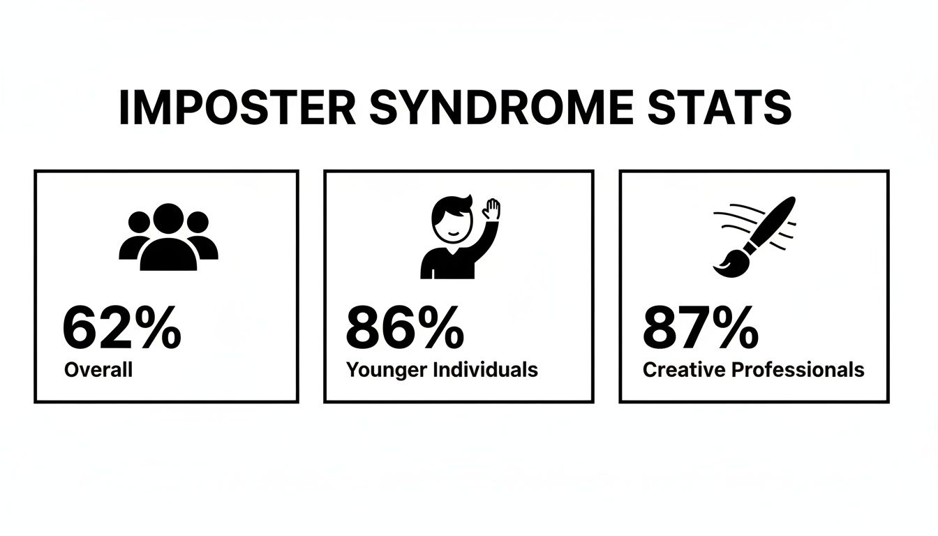 Graphic displaying Imposter Syndrome statistics: 62% overall, 86% younger individuals, 87% creative professionals.