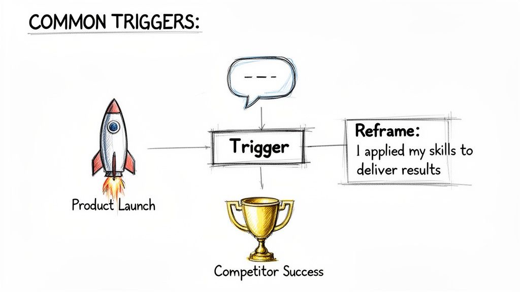 Visual illustrating common triggers (product launch, competitor success, thoughts) and their reframing for positive outcomes.
