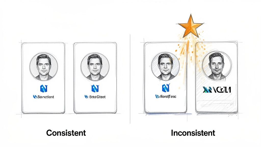 Pencil sketch comparison of consistent and inconsistent brand elements, showing faces and logos.