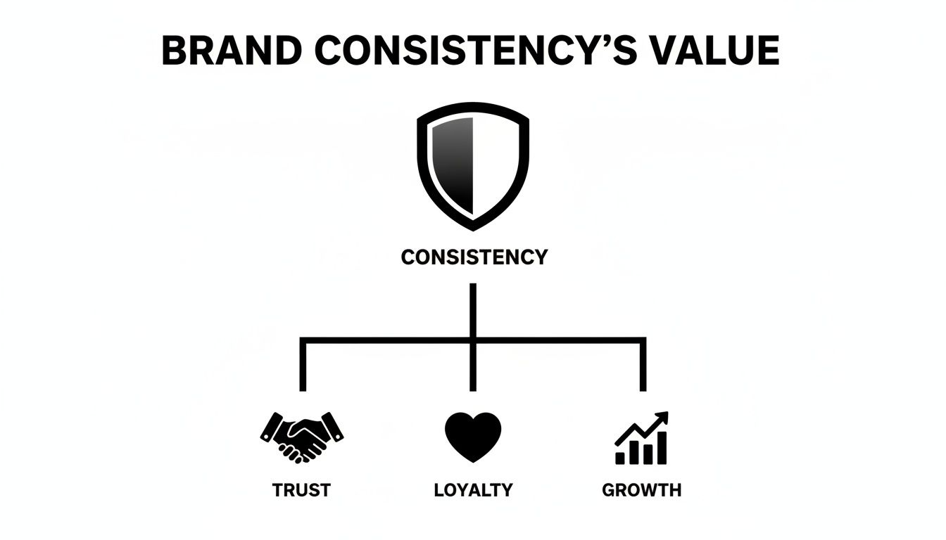 A diagram illustrating the value of brand consistency, connecting it to trust, loyalty, and growth.