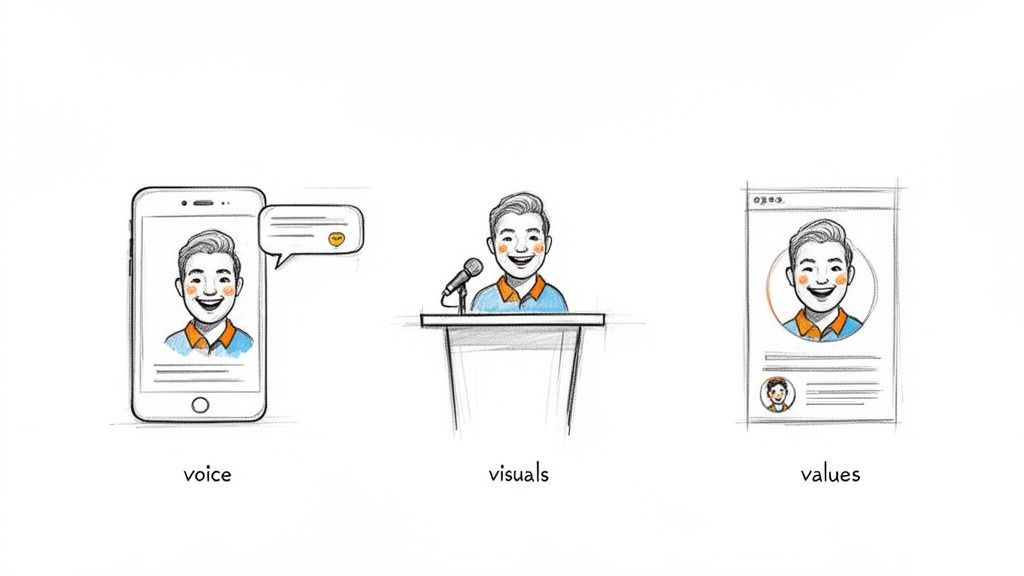 Three illustrations depicting voice (phone), visuals (podium), and values (web profile) for brand consistency.