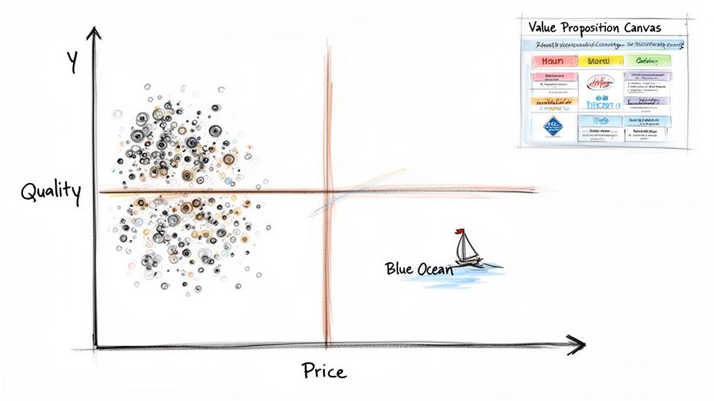 Strategic diagram illustrating market quality vs. price, red ocean, blue ocean strategy, and value proposition canvas.