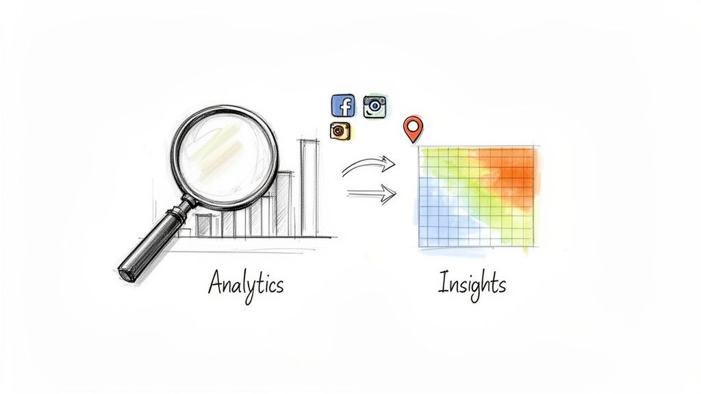 Hand-drawn illustration showing analytics with a magnifying glass and data turning into actionable insights on a grid.