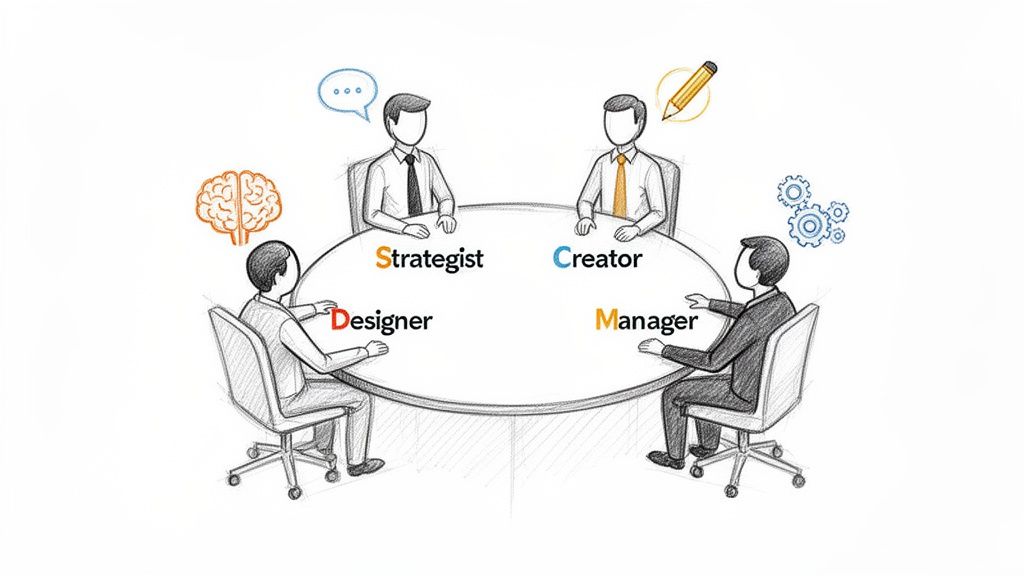 A team of four, Strategist, Creator, Designer, Manager, brainstorming around a conference table.