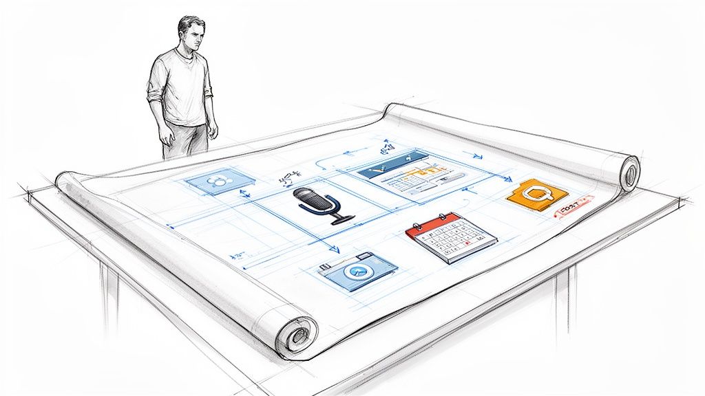 A man observes a large blueprint on a table, displaying a system design with various icons and flowcharts.
