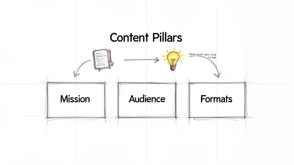 A strategic diagram showing Content Pillars: Mission, Audience, and Formats, for effective content creation.