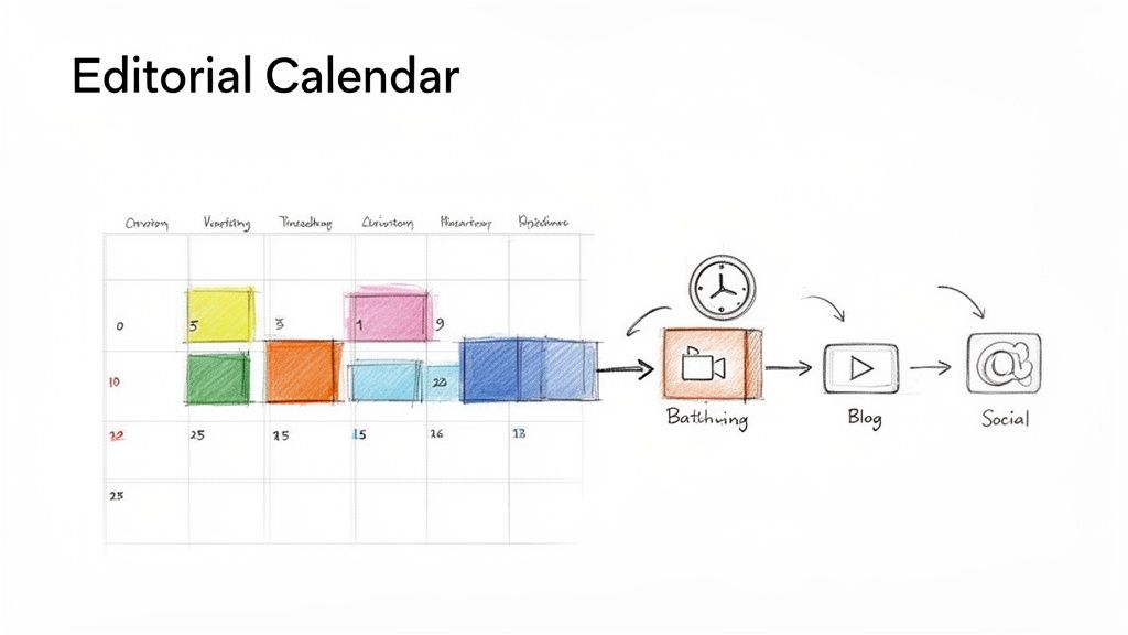 An editorial calendar illustrating content planning with a grid and a workflow for batching, blogging, and social media posting.