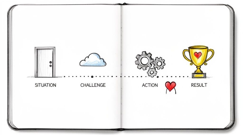 A hand-drawn diagram illustrating a process: Situation (door), Challenge (cloud), Action (gears), Result (trophy).
