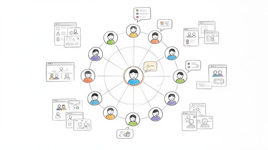 Illustrated network of people communicating digitally, with a central user and connected screens.