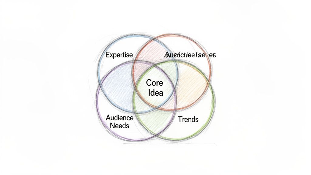 A Venn diagram illustrating the 'Core Idea' as the intersection of Expertise, Audience Needs, Trends, and Authenticity.