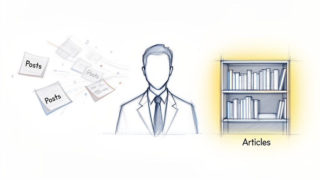 Sketch of posts flowing towards a person, next to a bookshelf with articles.