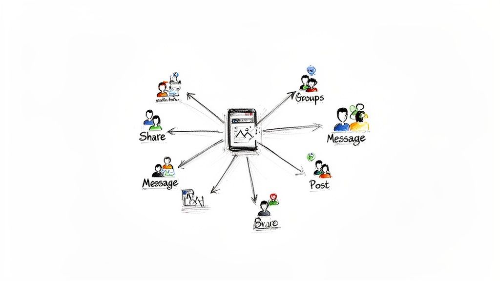 A hand-drawn diagram illustrates a smartphone connecting to various social media actions like share, message, groups, and post.