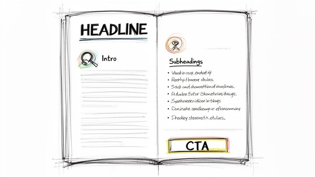 Hand-drawn sketch of an open book outlining content structure with headline, intro, subheadings, and a CTA.