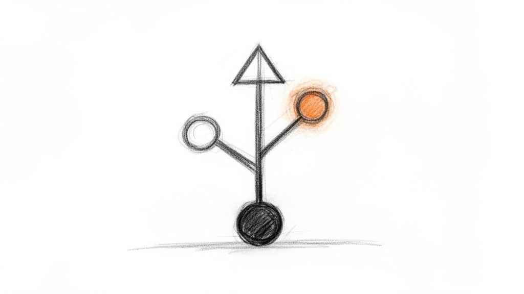 A hand-drawn USB symbol sketch on white, featuring an orange highlighted circle.