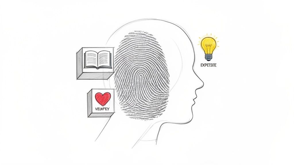 A sketch of a human head in profile, featuring a fingerprint, book, heart, and light bulb, symbolizing identity, knowledge, emotions, and ideas.