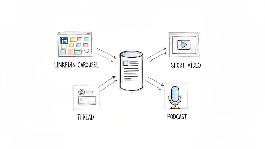 Content repurposing diagram illustrating how original content feeds a central hub to create short videos and podcasts.