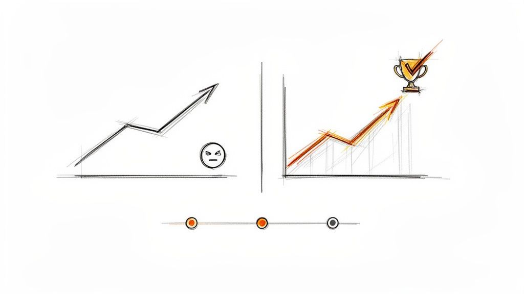 Two sketched charts comparing growth: one with an unhappy face, one with a trophy for success.