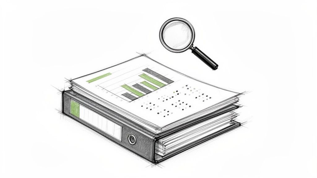 Hand-drawn illustration of a binder with business documents, charts, and a magnifying glass for analysis.