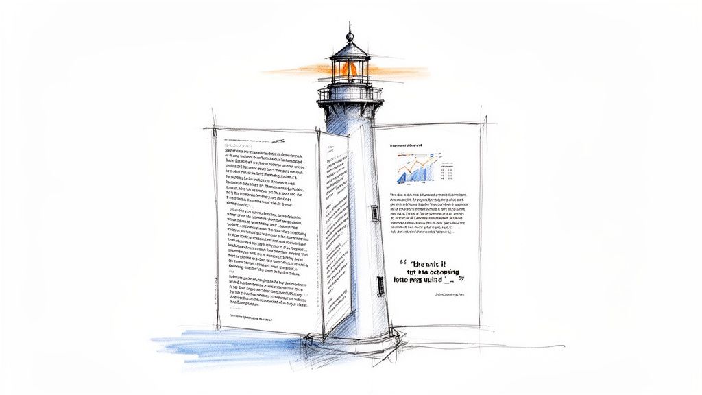 Hand-drawn lighthouse illustration with open book pages forming its structure, displaying text and charts on water.