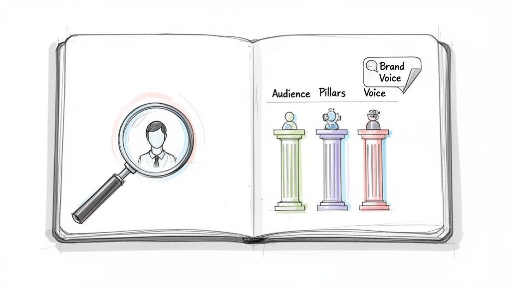 Hand-drawn notebook illustration detailing brand voice strategy: audience research, content pillars.