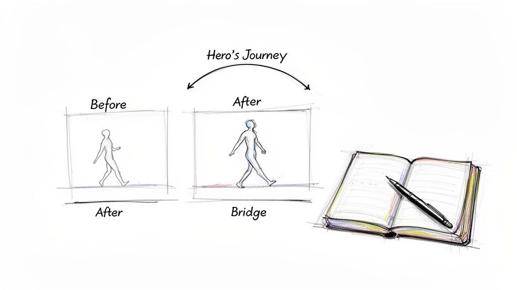 Hand-drawn sketch illustrating the Hero's Journey concept with 'Before' and 'After' states, a bridge, and a notebook with a pen for storytelling.