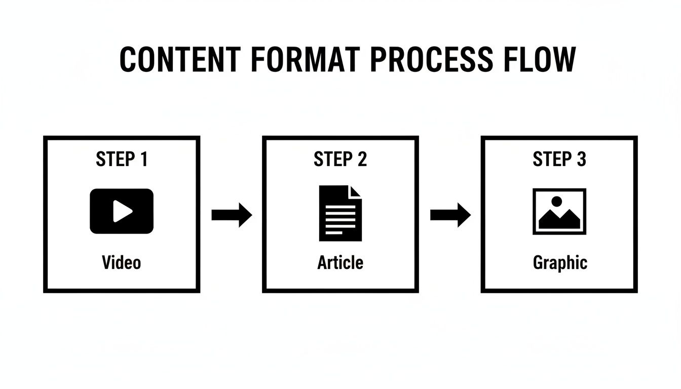 A content format process flow diagram showing steps from video to article to graphic.