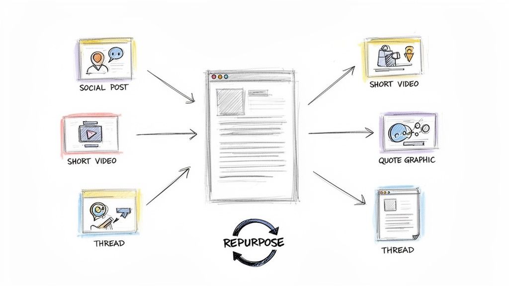 Diagram illustrates content repurposing from a main document into social posts, short videos, threads, and quote graphics.