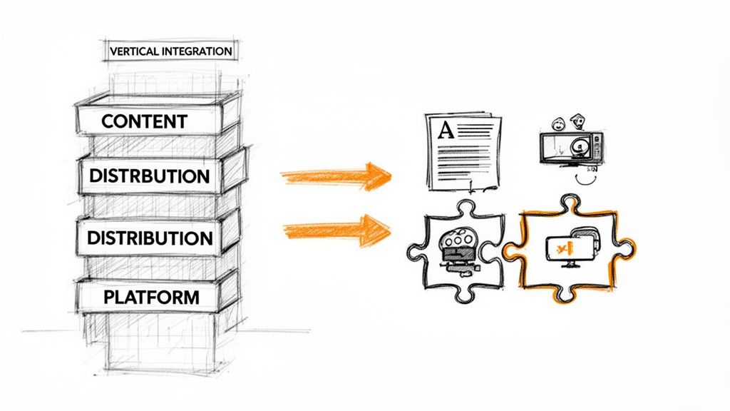 Diagram showing vertical integration in media with content, distribution, and platform layers connecting to various media types.
