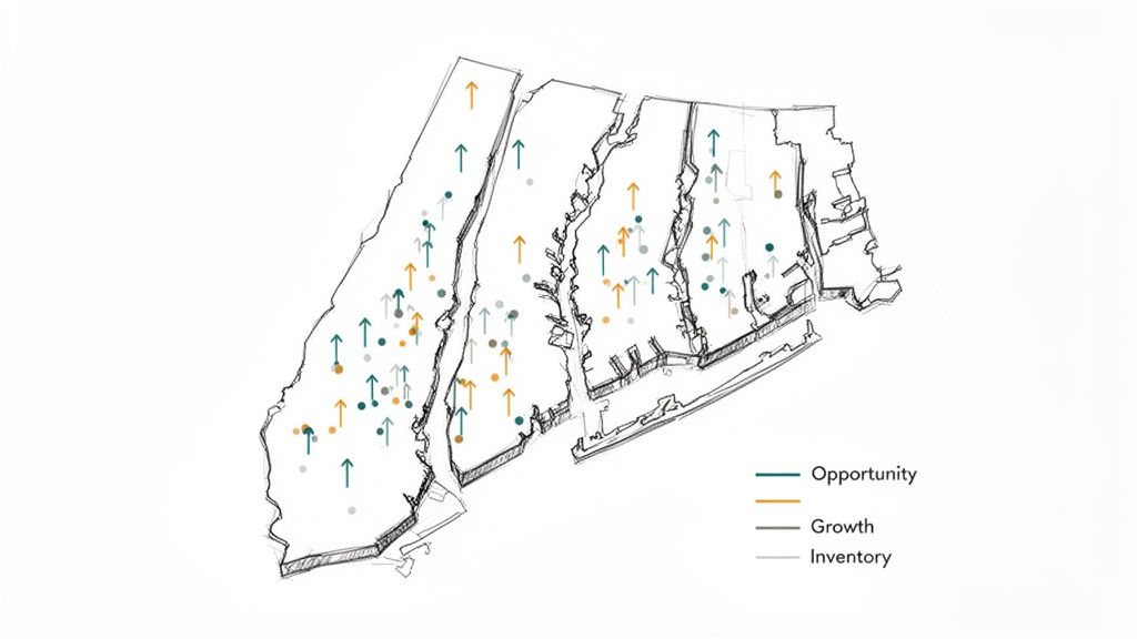 A sketch map of New York boroughs highlighting opportunity, growth, and inventory zones with arrows and dots.