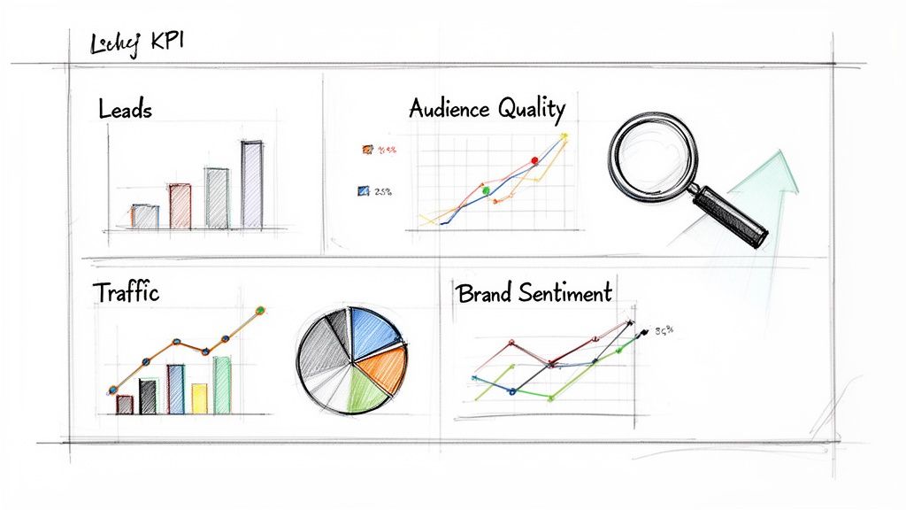 Hand-drawn dashboard displaying key performance indicators for leads, audience quality, traffic, and brand sentiment.