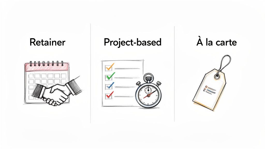 Illustrations of Retainer, Project-based, and À la carte service models with icons for each.