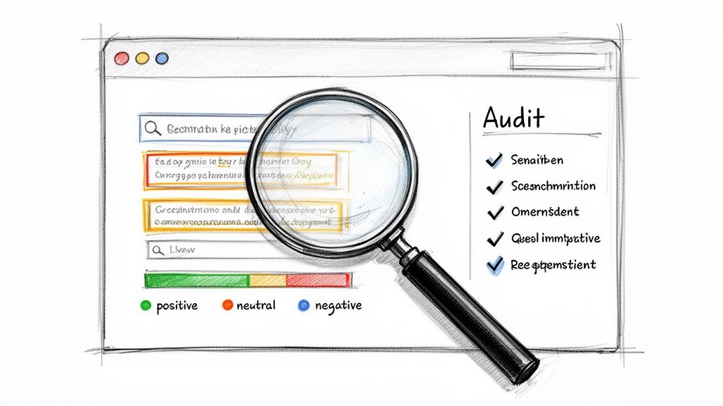 A hand-drawn browser window displays search results, sentiment analysis bars, and a reputation audit checklist with checks.
