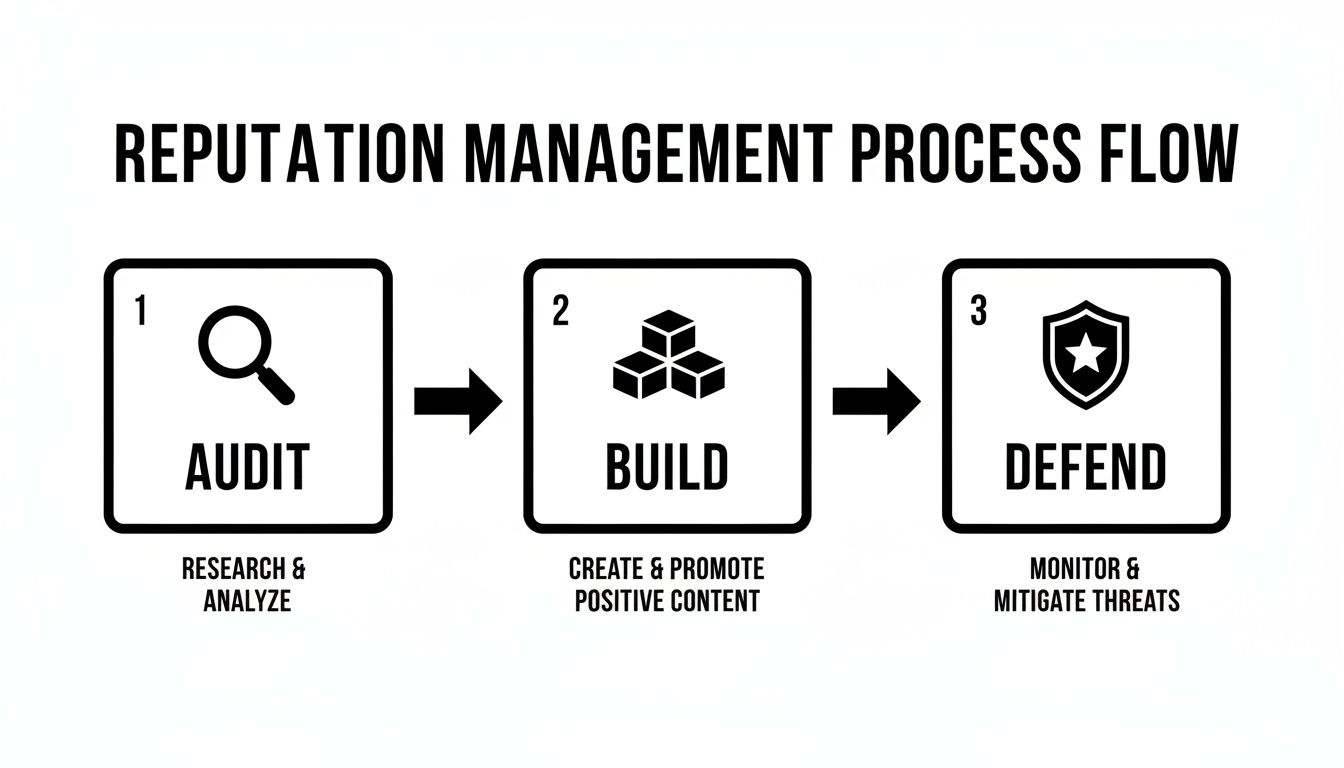 A three-step reputation management process flow showing audit, build, and defend phases.