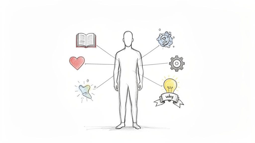 A sketch of a person surrounded by symbols representing knowledge, emotion, technology, and purpose.