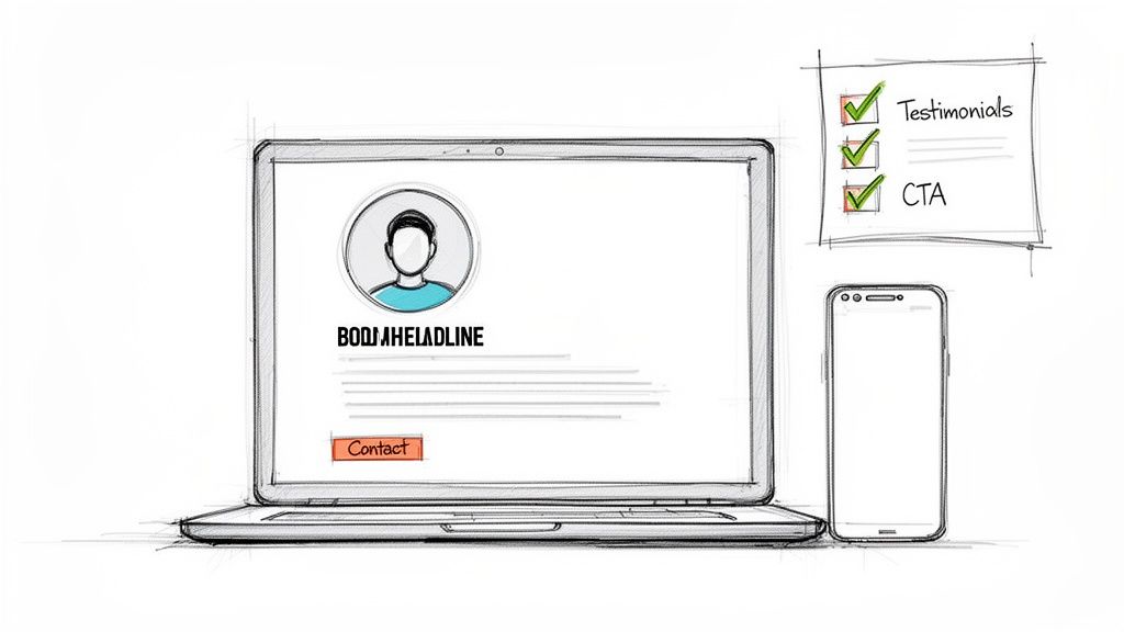 Sketch of a laptop displaying a personal profile with a user icon, headline, and contact button, alongside a smartphone and a checklist for testimonials and CTA.