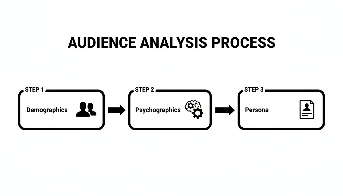 A three-step audience analysis process flow diagram: demographics, psychographics, and persona development, with icons.