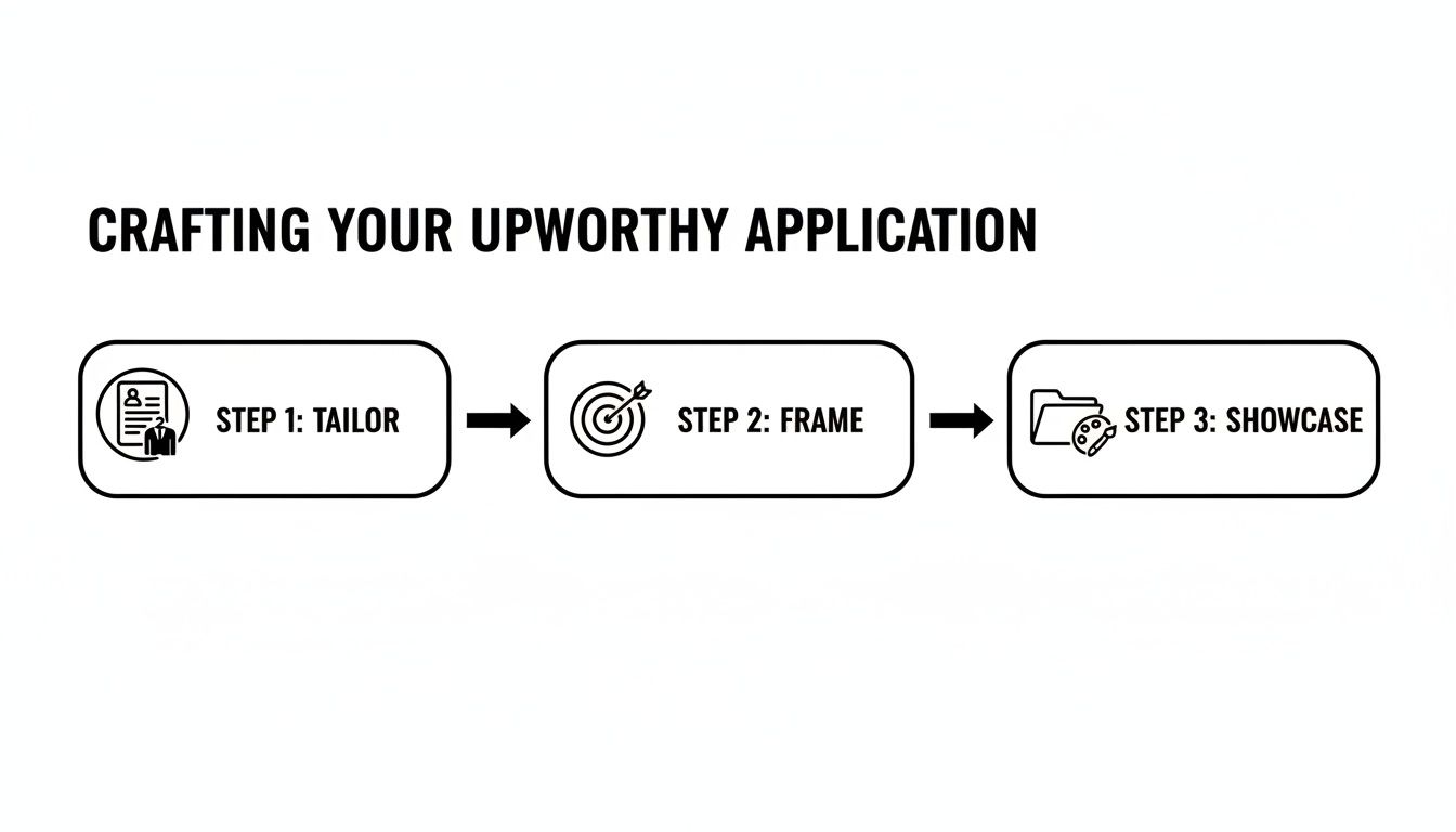 Diagram illustrating three steps to craft an Upworthy application: Tailor, Frame, and Showcase.