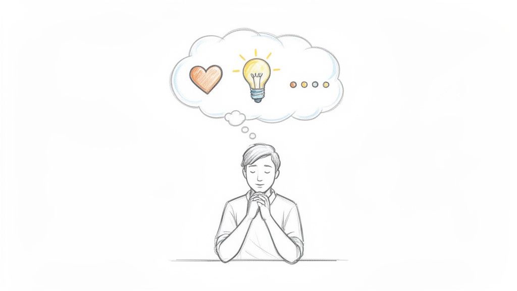 A man deep in thought, with a cloud above his head containing a heart, lightbulb, and dots, symbolizing ideas and feelings.