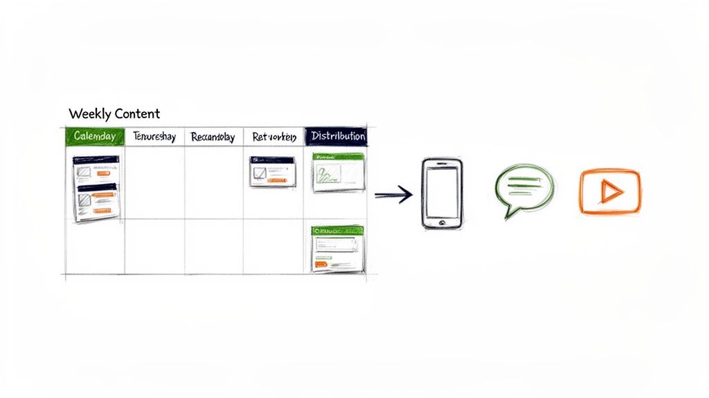 A content planning board shows weekly content distributed to mobile, chat, and YouTube.