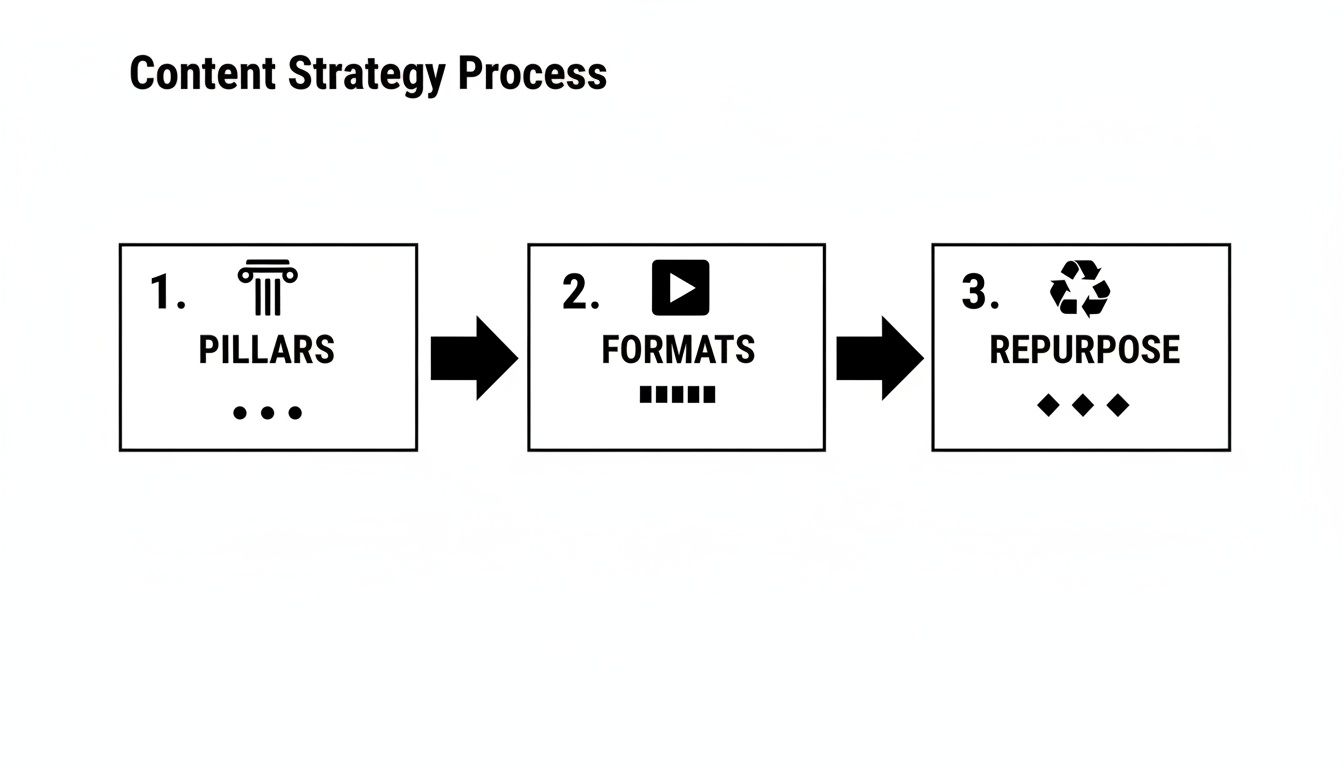 Flowchart illustrating a 3-step content strategy process: Pillars, Formats, and Repurpose.